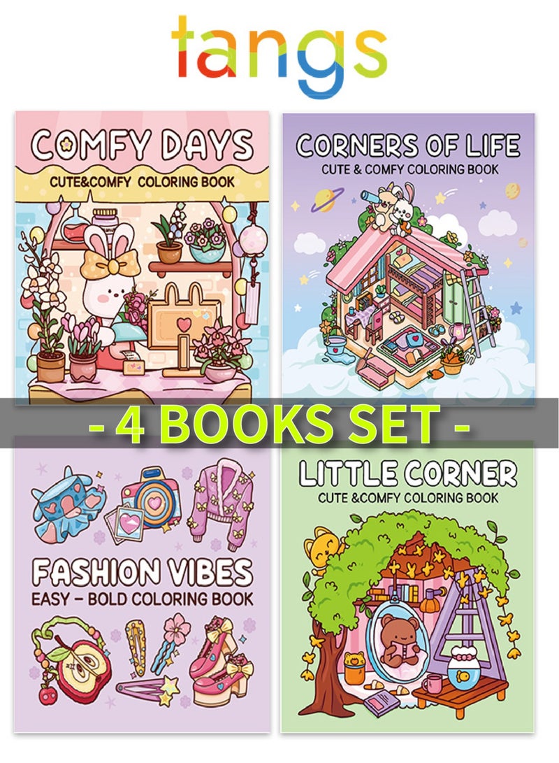 ملقط مجموعة هدايا كتب تلوين لطيفة ومريحة (4 كتب - 40 صفحة لكل كتاب) - أيام مريحة، زاوية الحياة، موضة أنيقة، ركن صغير - ورق سميك، تصميم صفحة واحدة، تخفيف التوتر للكبار والأطفال - هدية إبداعية مثالية للفنانين والعائلات - Image 1